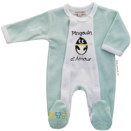 Pyjama bébé unisexe velours vert d'eau et blanc brodé Pingouin