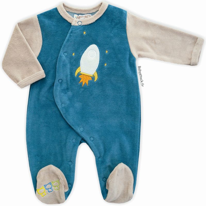 Pyjama bébé garçon en velours bleu canard et gris brodé Fusée > Babystock