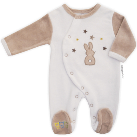 Pyjama mixte pour bébé en velours blanc et beige brodé Lapin