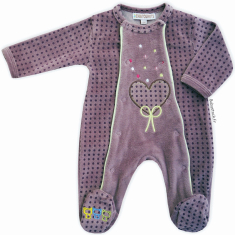 Pyjama dors bien bébé fille en velours violet brodé Coeur