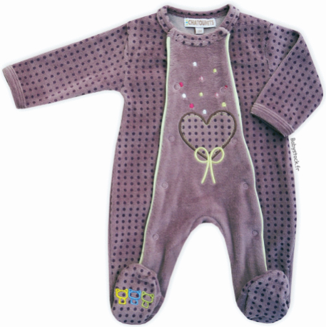 Pyjama dors bien bébé fille en velours violet brodé Coeur