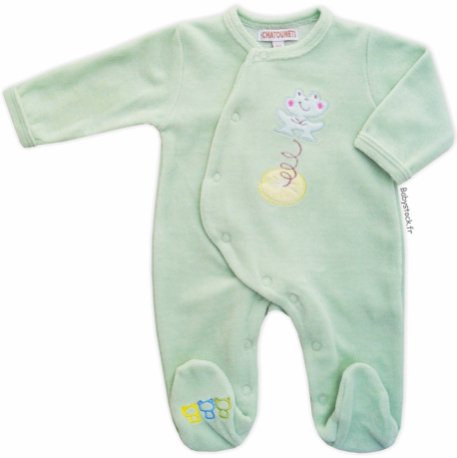 Pyjama bébé préma fille 45-46cm velours vert brodé Grenouille
