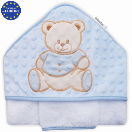 Cape de bain bébé garçon en éponge et minky bleu brodé Ourson