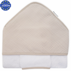 Sortie de bain bébé éponge blanche et capuche gaze coton beige