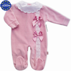 Pyjama bébé à collerette velours rose thé dentelle et noeuds satin