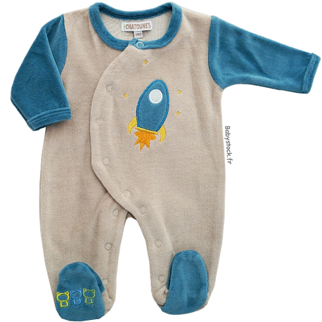 Pyjama bébé préma garçon 45-46cm en velours gris brodé Fusée