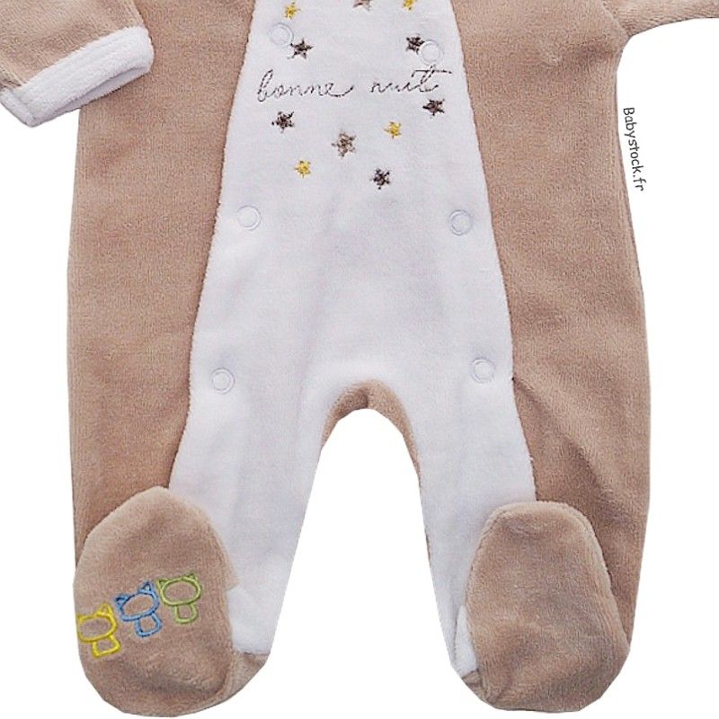 Pyjama bébé préma mixte 45-46 cm en velours blanc beige et ouverture  pressions devant broderie Bonne Nuit