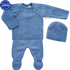 Ensemble bébé garçon 3 pièces en maille outremer et torsades