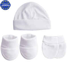 Kit naissance bonnet + moufles + chaussons jersey 100% coton blanc
