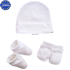 Kit naissance bonnet + moufles + chaussons en coton blanc