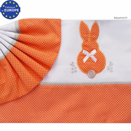 Parure berceau 3 pièces en coton blanc / orange / gris brodé Lapin