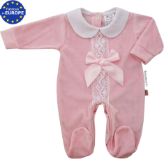 Pyjama fille à col claudine en velours rose, dentelle et noeud satin