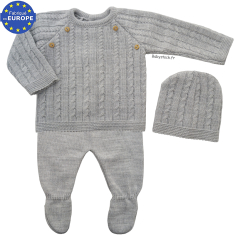 Ensemble bébé garçon 3 pièces en maille gris chiné et torsades