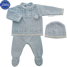 Ensemble bébé garçon 3 pièces en maille bleu layette et torsades