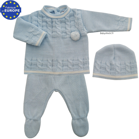 Ensemble bébé garçon 3 pièces en maille bleu layette et torsades