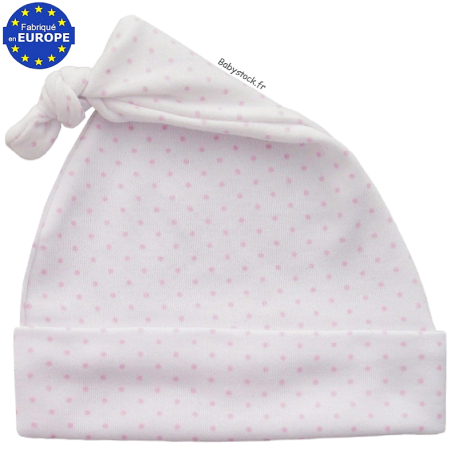 Bonnet bébé fille à noeud en jersey coton blanc à pois roses