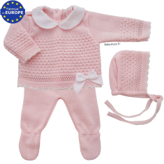 Ensemble bébé fille 3 pièces maille rose poudre / col piqué blanc