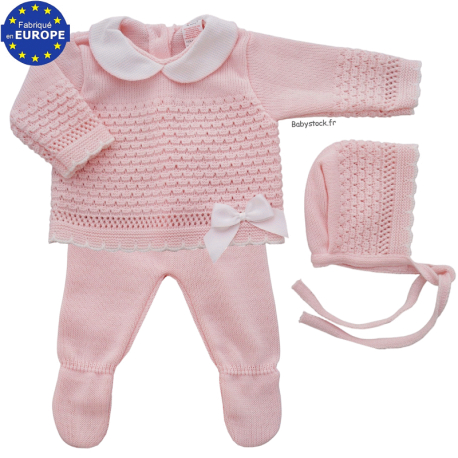 Ensemble bébé fille 3 pièces maille rose torsades et col piqué blanc