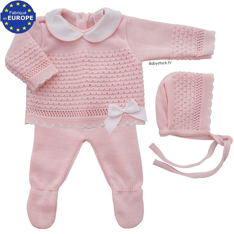 Ensemble bébé fille 3 pièces maille rose torsades et col piqué blanc >  Babystock