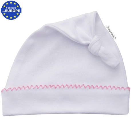 Bonnet bébé fille à noeud en coton blanc finition picots roses