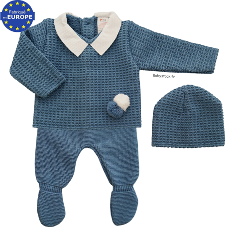 Ensemble bébé maille bleu acier et col piqué blanc 3 pièces