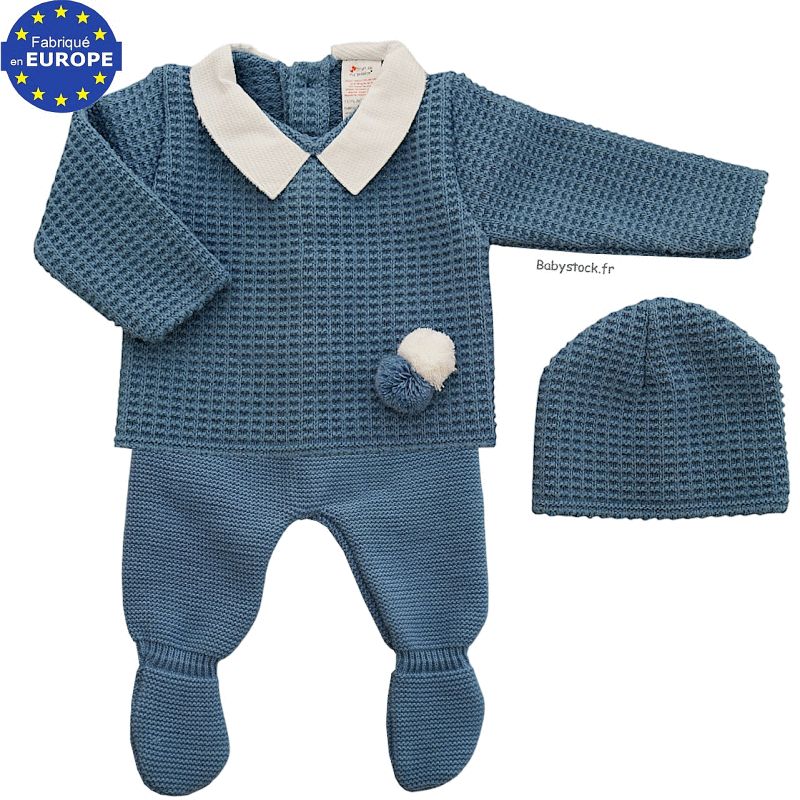 Ensemble bébé garçon en maille bleu acier brodé Ourson > Babystock