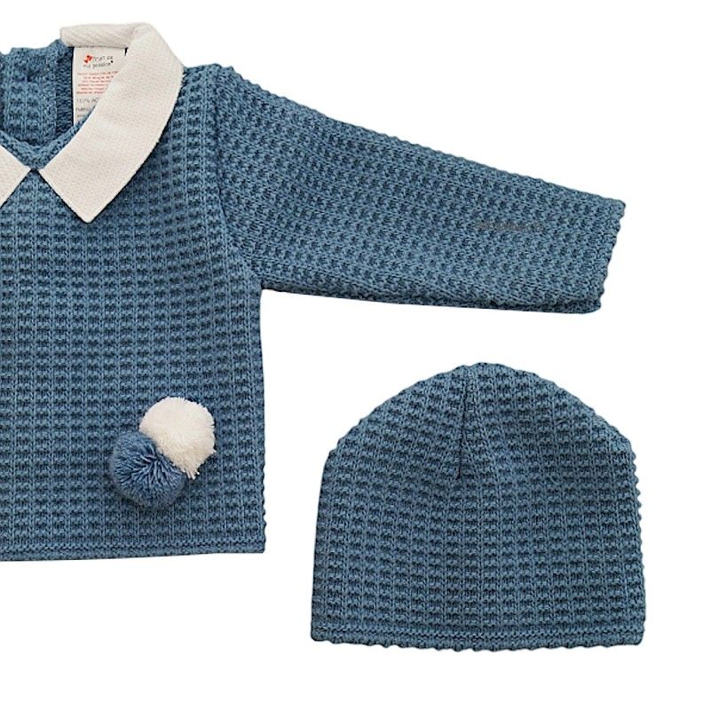 Ensemble bébé garçon en maille bleu acier brodé Ourson > Babystock