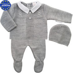 Ensemble bébé maille gris chiné et col piqué blanc 3 pièces