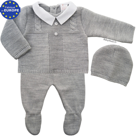 Ensemble bébé maille gris chiné et col piqué blanc 3 pièces