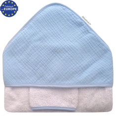 Sortie de bain bébé garçon en éponge capuche gaze coton bleu ciel