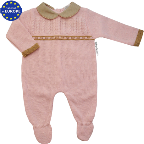 Combinaison bébé fille en maille rose layette et col piqué beige