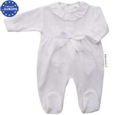 Pyjama bébé fille velours blanc, collerette plumetis et dentelle