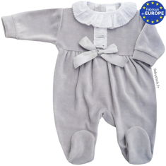 Pyjama bébé fille velours blanc, collerette plumetis et dentelle