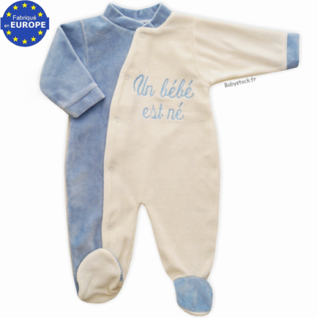 Pyjama garçon en velours crème / bleu brodé Un Bébé est né