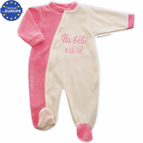 Pyjama fille en velours crème / rose brodé Un Bébé est né