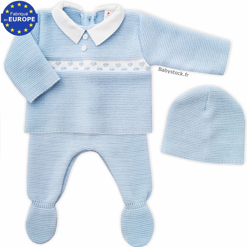 Ensemble bebe en maille bleu blanc col pique blanc 3 pieces Babystock