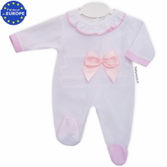 Pyjama bébé fille velours blanc, collerette brodée et noeud rose