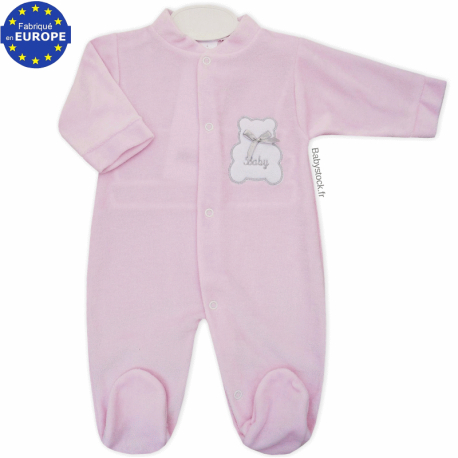 Pyjama dors bien bébé fille en velours rose brodé Baby