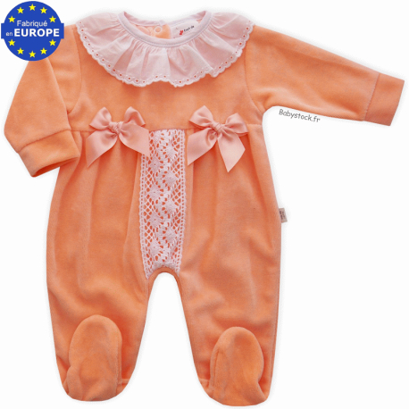 Pyjama dors bien bébé fille velours orange abricot et dentelle
