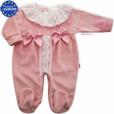 Pyjama dors bien bébé fille en velours rose thé et dentelle