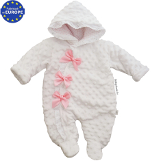 Combi-pilote en fourrure minky blanc dentelle et noeuds satin rose