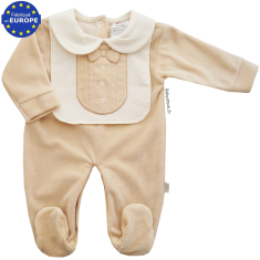 Pyjama bébé garçon velours beige, plastron et noeud papillon