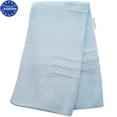 Châle bébé garçon en tricot maille mousse et torsades bleu layette