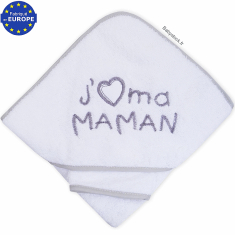 Sortie de bain bébé en éponge blanc J'aime ma Maman gris