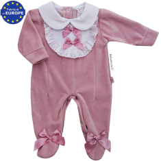 Pyjama bébé fille en velours rose thé, plastron et noeud satin