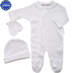 Kit naissance été 3 pièces coton côtes blanc pyjama bonnet moufles