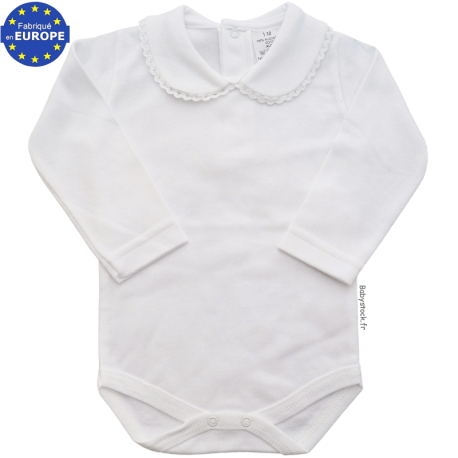 Body bébé fille à col claudine et manches longues 100% coton blanc