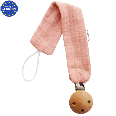 Attache tétine bébé fille en gaze coton rose thé et pince en bois