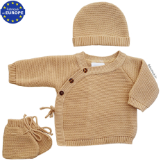 Kit naissance 3 pièces brassière, bonnet, chaussons maille caramel