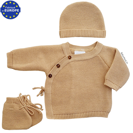 Kit naissance 3 pièces brassière, bonnet, chaussons maille caramel